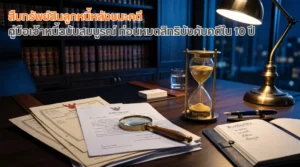 สืบทรัพย์สินลูกหนี้ เอกสารคำพิพากษาและโฉนดที่ดินบนโต๊ะนักสืบ พร้อมนาฬิกาทรายสื่อกรอบเวลาบังคับคดี 10 ปี