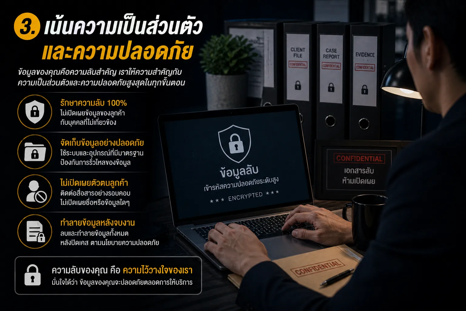 นักสืบเอกชนทำงานบนแล็ปท็อปเข้ารหัสข้อมูลลับ รักษาความเป็นส่วนตัวลูกค้า