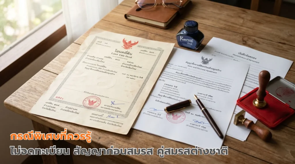 เอกสารทะเบียนสมรสและสัญญาก่อนสมรสบนโต๊ะทำงาน