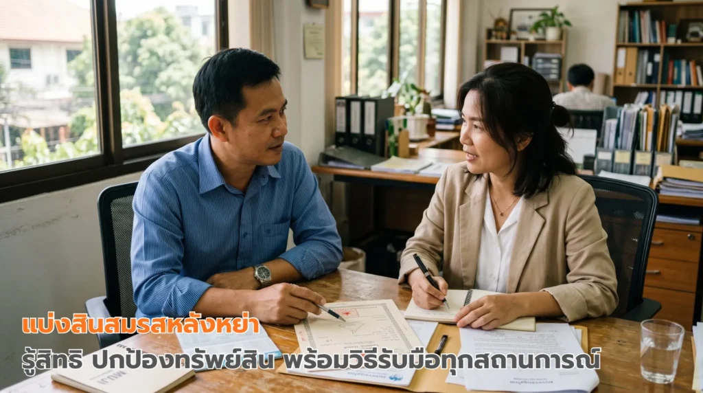 คู่สมรสกำลังพิจารณาเอกสารทรัพย์สินร่วมกันบนโต๊ะทำงาน