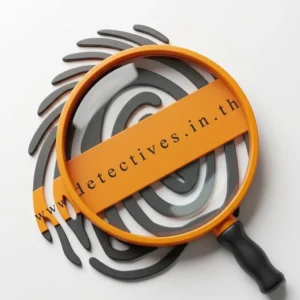 โลโก้นักสืบแห่งประเทศไทย detectives.in.th รูปแว่นขยายสีส้มทาบบนลายนิ้วมือ
