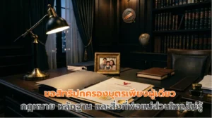 เอกสารคดีสิทธิปกครองบุตรบนโต๊ะกฎหมาย พร้อมรูปถ่ายเด็กและตราประทับศาล