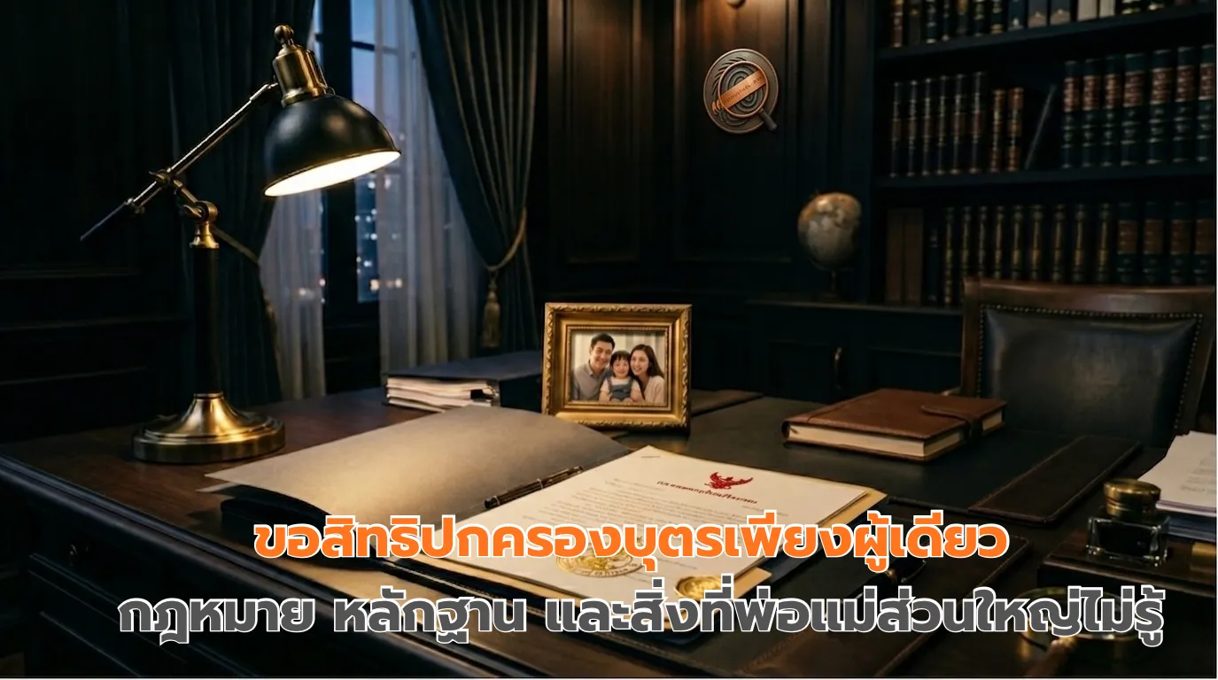 เอกสารคดีสิทธิปกครองบุตรบนโต๊ะกฎหมาย พร้อมรูปถ่ายเด็กและตราประทับศาล