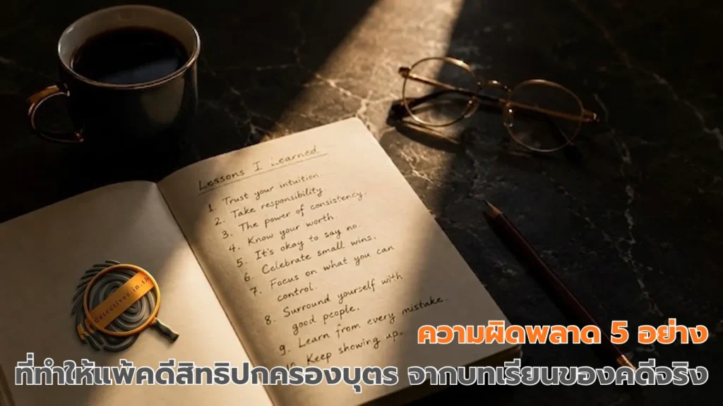 โน้ตบุ๊กเปิดบนโต๊ะทำงานสีดำ บันทึกความผิดพลาดในคดีสิทธิปกครองบุตร