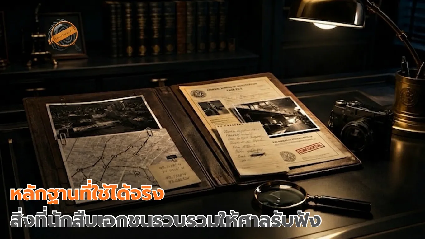 ไฟล์คดีเปิดบนโต๊ะสอบสวน พร้อมหลักฐานภาพถ่าย เอกสาร และกล้องนักสืบ